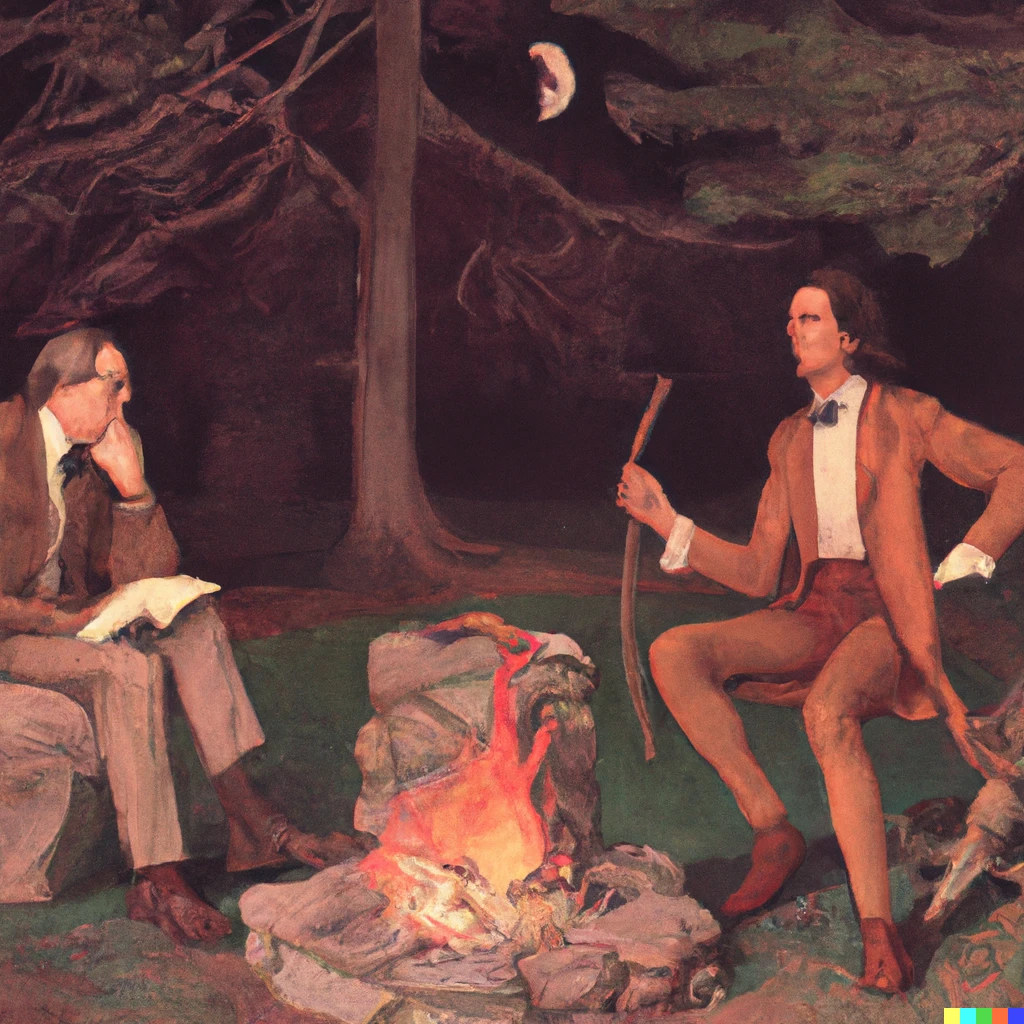 Prompt: claude shannon and james clerk maxwell having a conversation over a camp fire