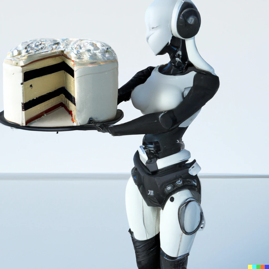 Prompt: Glados AI from Portal with cake photorealistic rendering