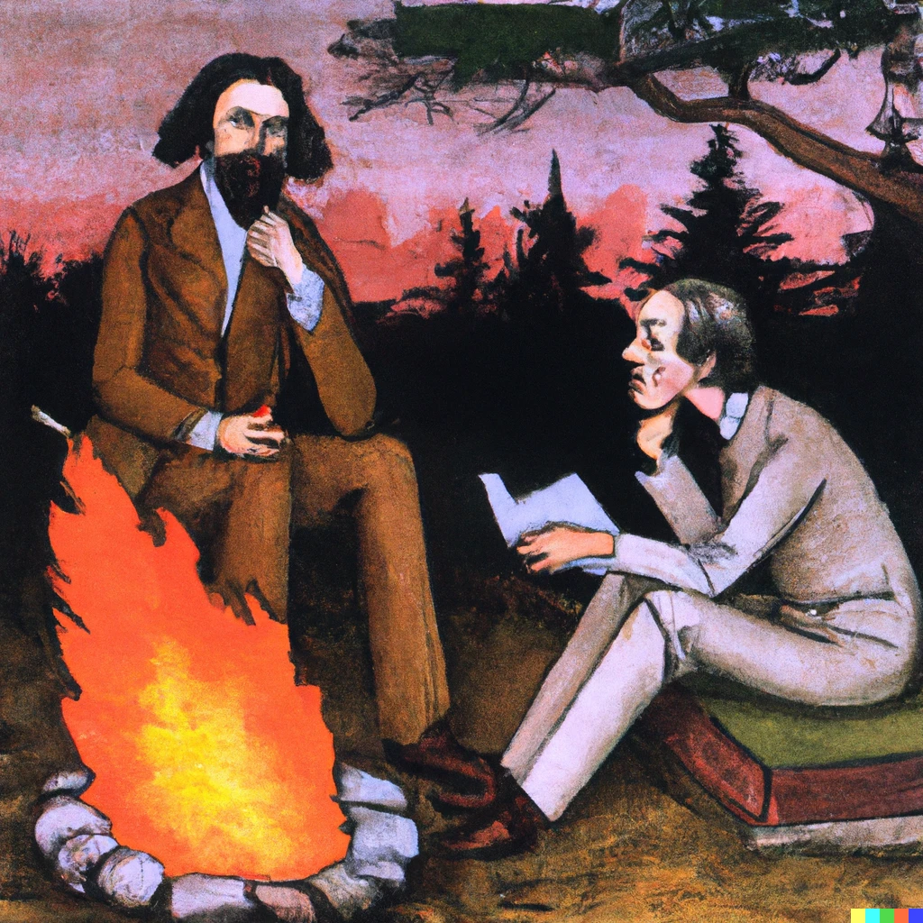 Prompt: claude shannon and james clerk maxwell having a conversation over a camp fire