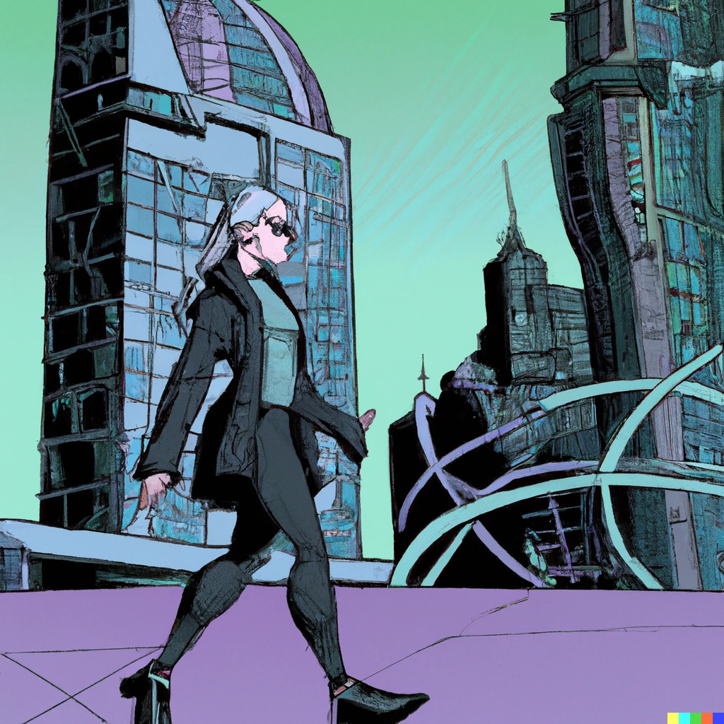 Prompt: simulated Jane Jacobs strolling towards her pod in a virtual metropolis floating in space, comic book digital art