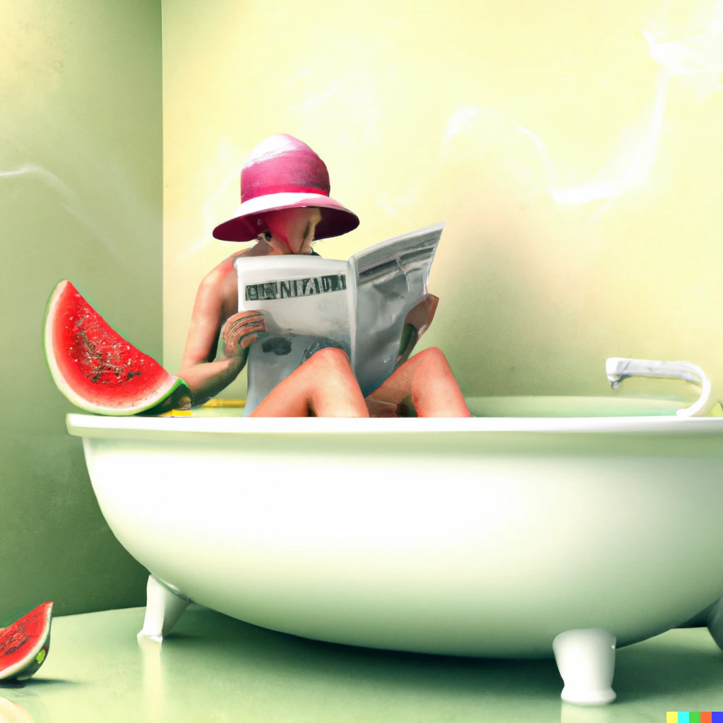 Prompt: Woman with red hat reading a newspaper while taking a bath in a jacuzzi filled with watermelon  3d