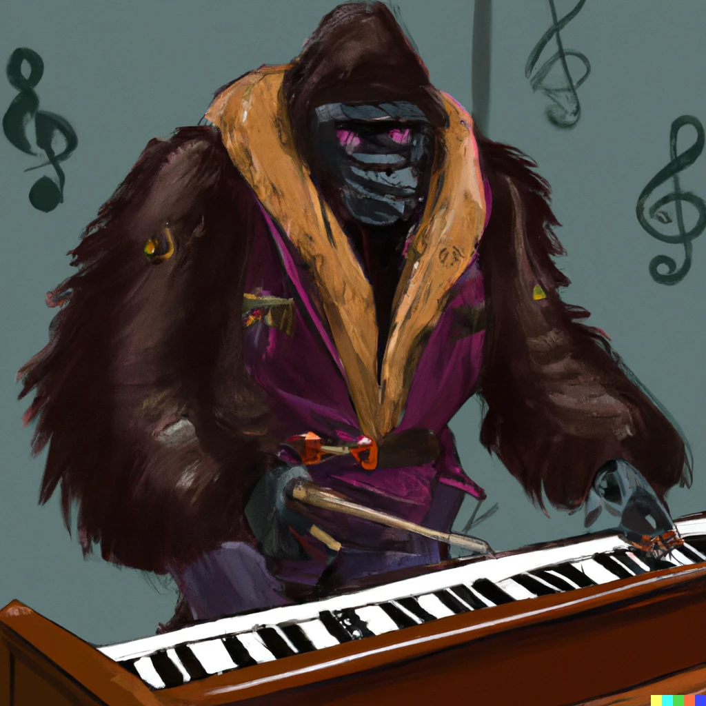 Prompt: Digital art of a gorilla monster that is wearing a leather jacket and playing an old piano and has a ninja staff