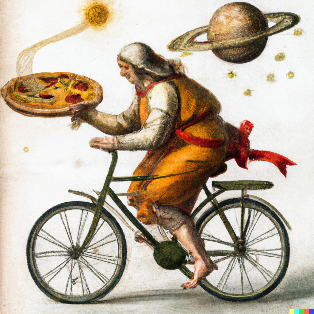 Prompt: michelangelo riding a bicycle with pizza as wheels going on rings of Saturn, in the style of rembrandt