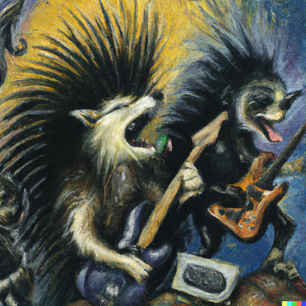 Prompt: oil painting depicting an animal hair metal band with a goth porcupine rocking out on an epic guitar solo