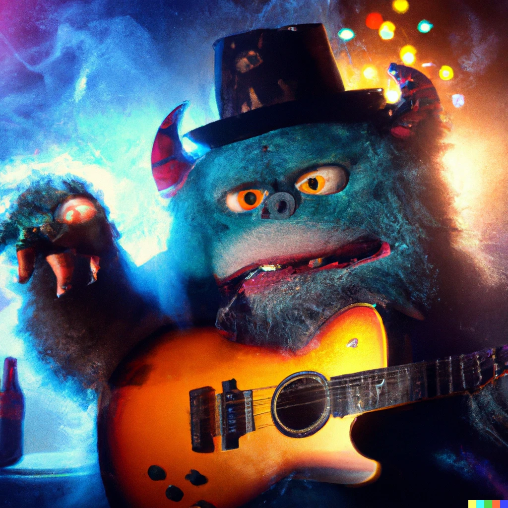 Prompt: a color photo of a furry monster playing blues guitar in a foggy bar