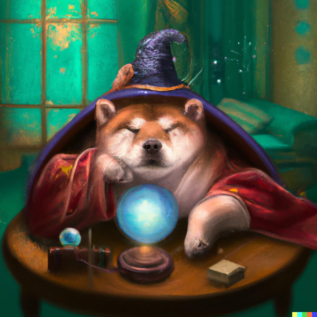 Prompt: a fortune-telling shiba inu with glassball dressed as a wizard sleeping in a cyan room, digital art ||953
