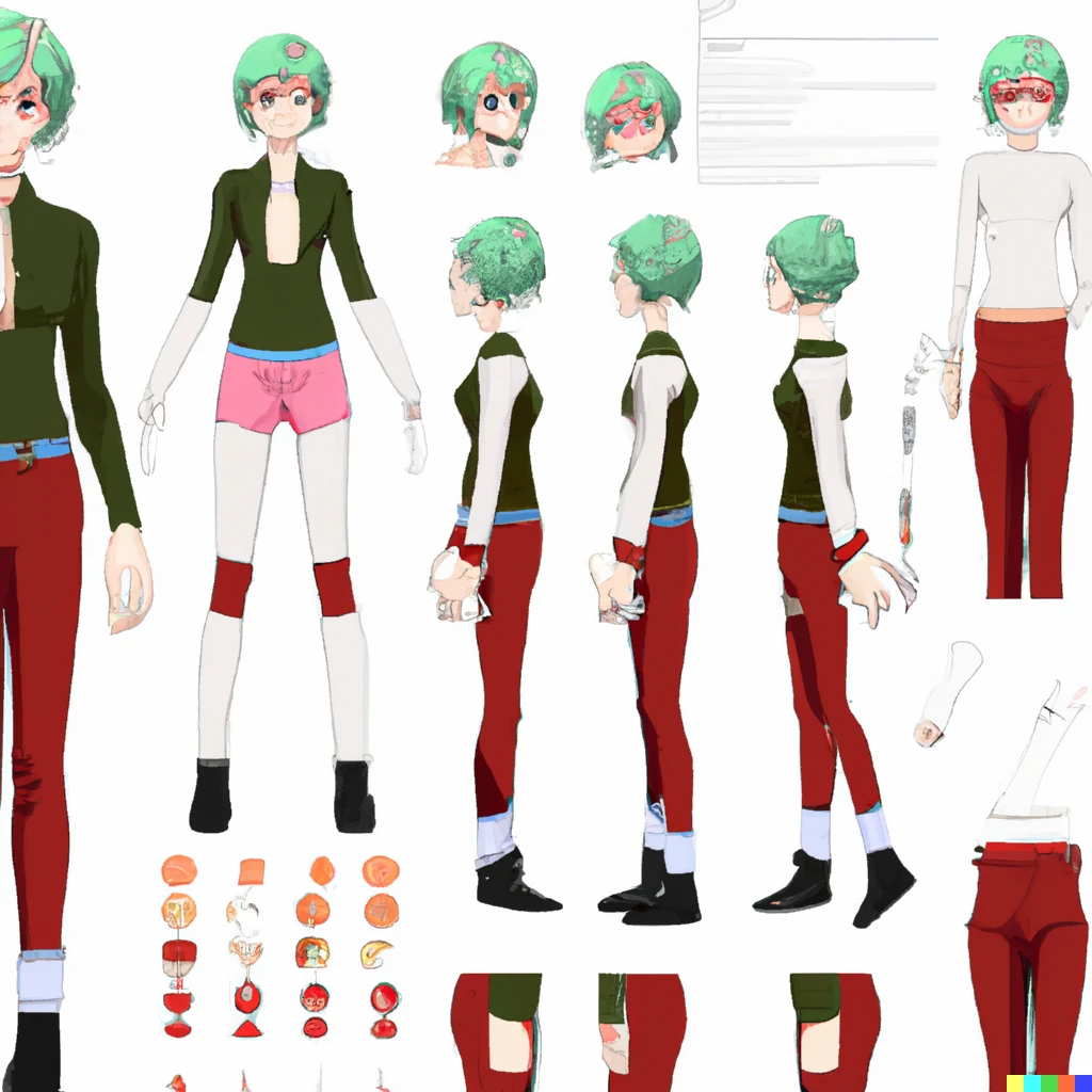 Prompt: character design sheet, anime, game, teen girl, very short hair, boyish, sporty, high quality, ultra detailed, full body
