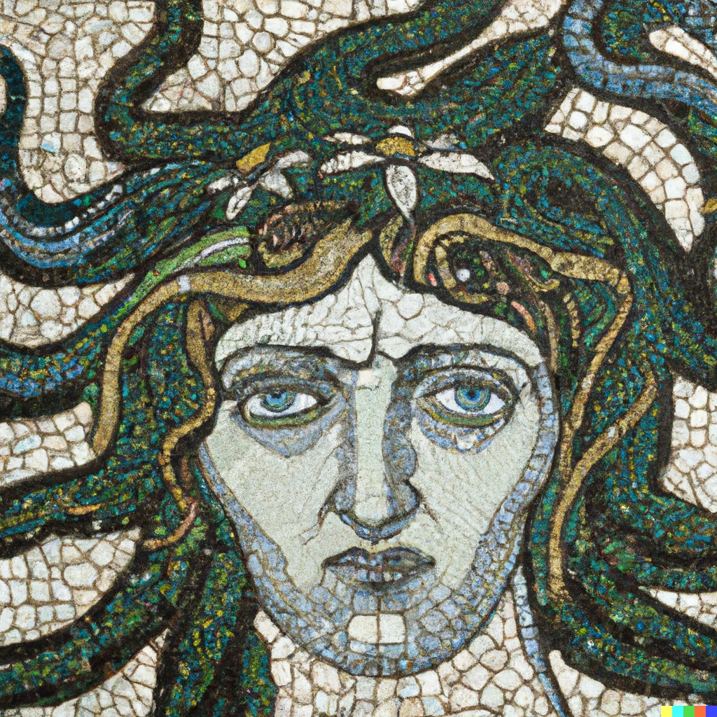 Prompt: a mosaic portrait of the Medusa, by William Morris