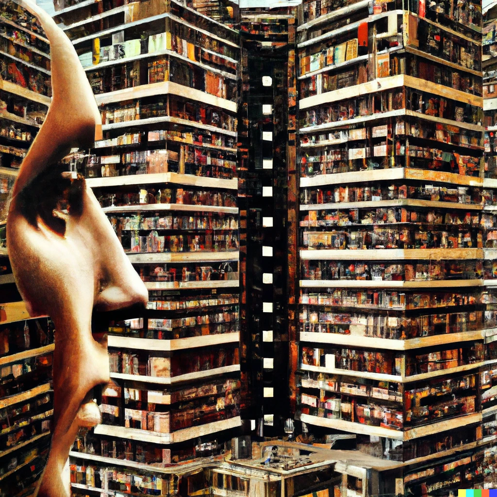Prompt: A huge endless library inside the mind of an artificial intelligence, MIT, Cambridge, MA, 1954, surrealist collage
