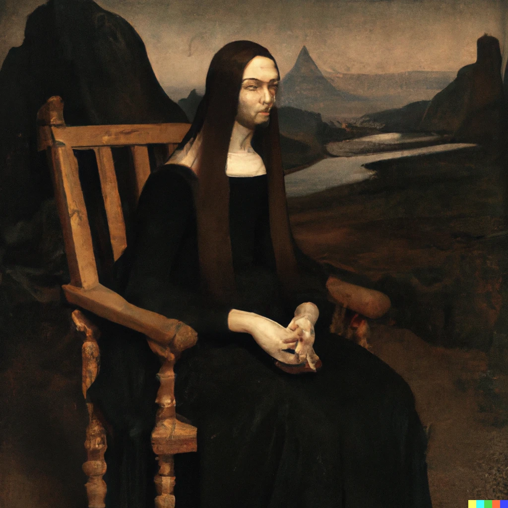 Prompt: Realistic portrait of a woman sitting in a chair wearing a dark dress. Behind her in the distance are mountains, rocks, canyons and lakes.  Oil on canvas, 16th century, by Leonardo Da Vinci