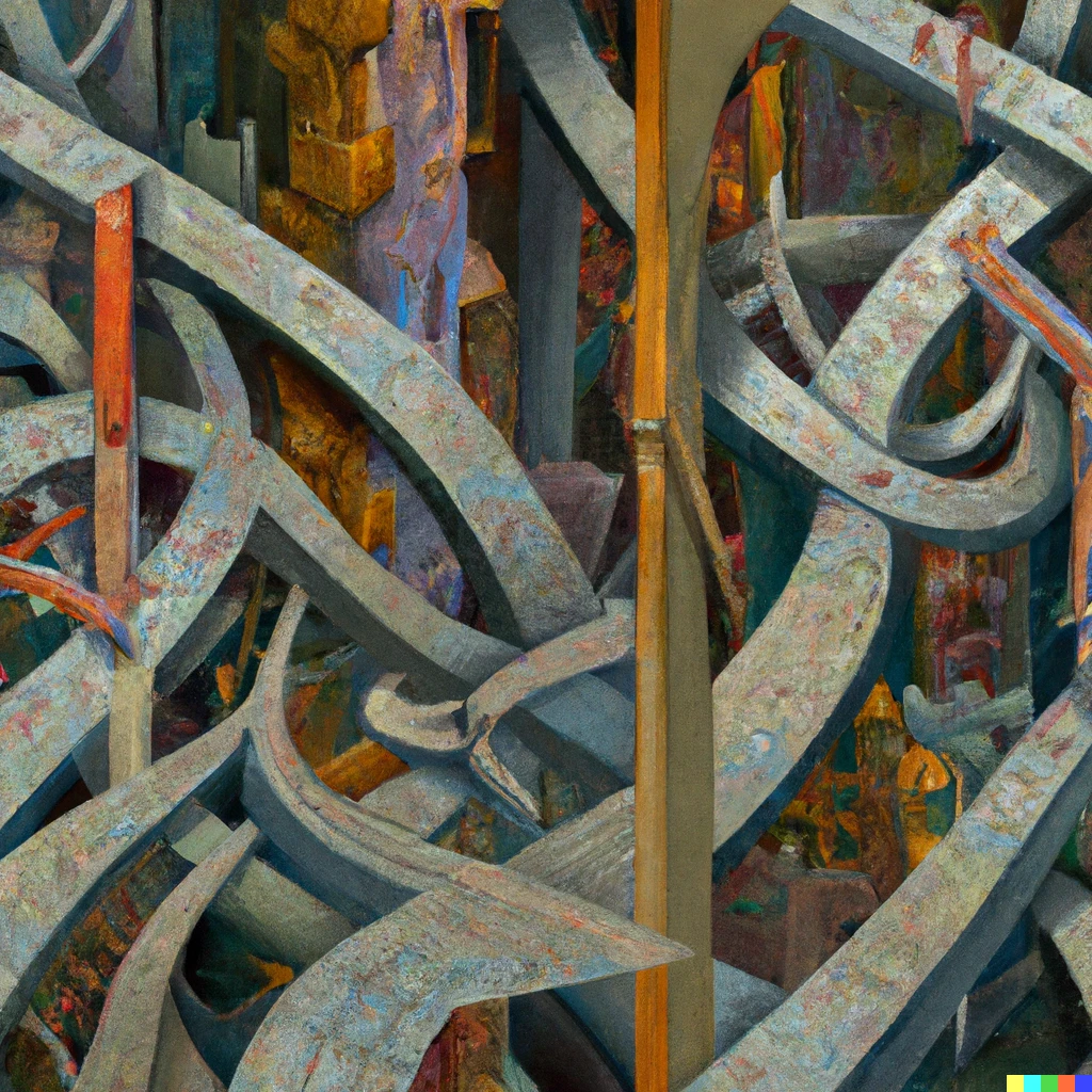 Prompt: tangled guardrails protecting us from Large Language Models in an imaginary city, oil painting in the style of MC Escher.