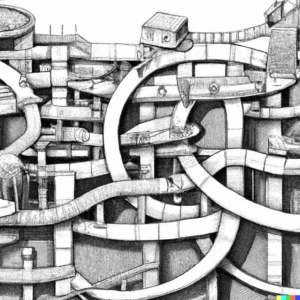 Prompt: tangled guardrails protecting us from Large Language Models in an imaginary city, in the style of MC Escher.