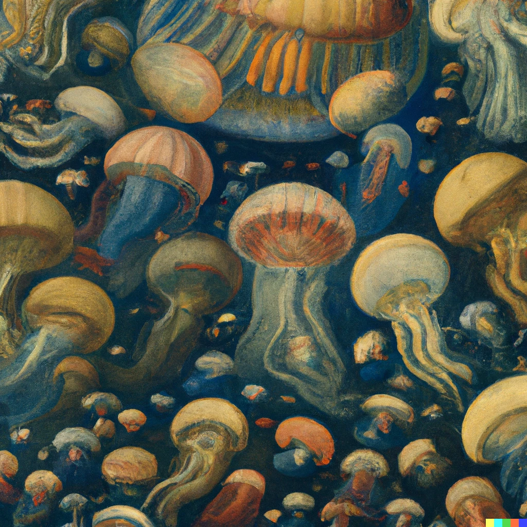 Prompt: Huge jellyfish swarm painted by Rogier van der Weyden in 1435.