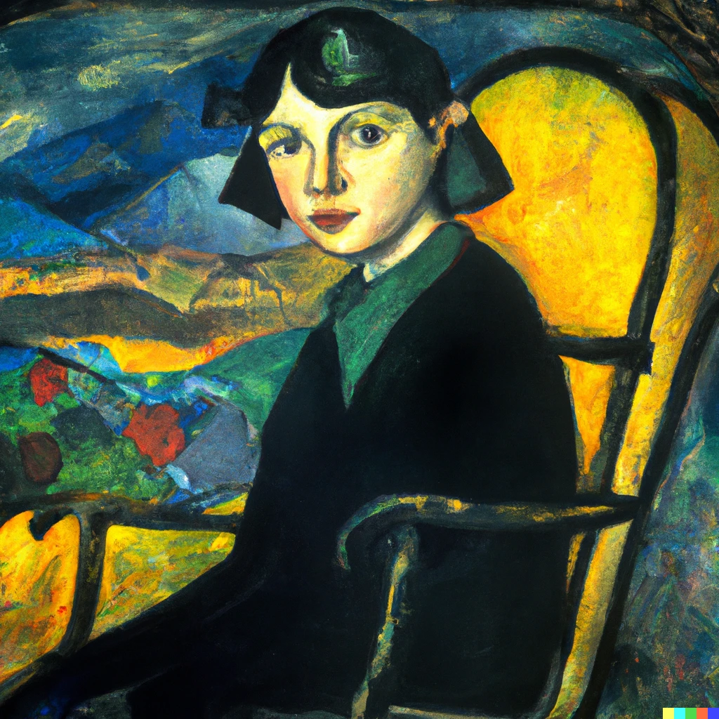Prompt: Detailed portrait of a slightly smiling woman sitting in a chair wearing a dark dress. Behind her in the distance are mountains, rocks, canyons and lakes.  Oil on canvas,  by Marc Chagall. The portrait is in a gold frame.