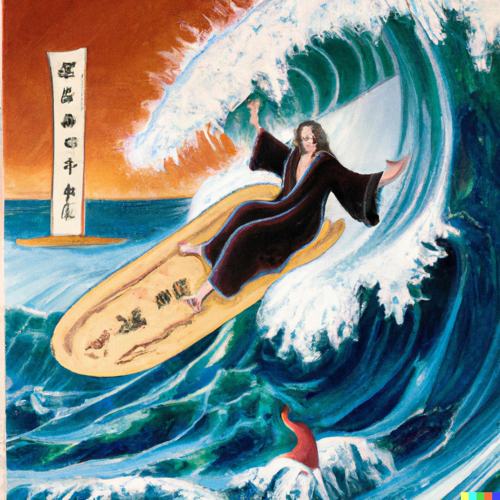 Prompt: The Tarot Fool surfing the Great Wave off Kanagawa