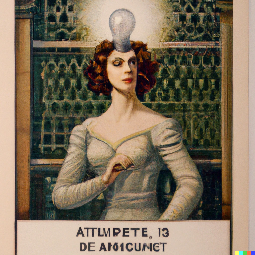 Prompt: The Muse of Artificial Intelligence, a vintage postcard, 1908