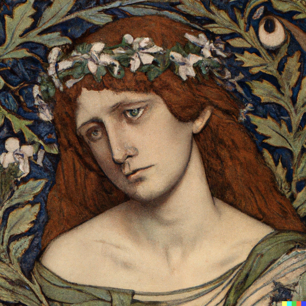 Prompt: Persephone, portrait by William Morris