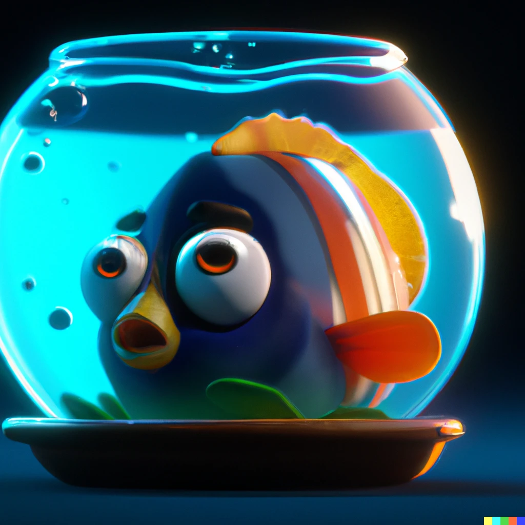 Prompt: 3D render of a cute tropical fish in an aquarium on a dark blue background, digital art