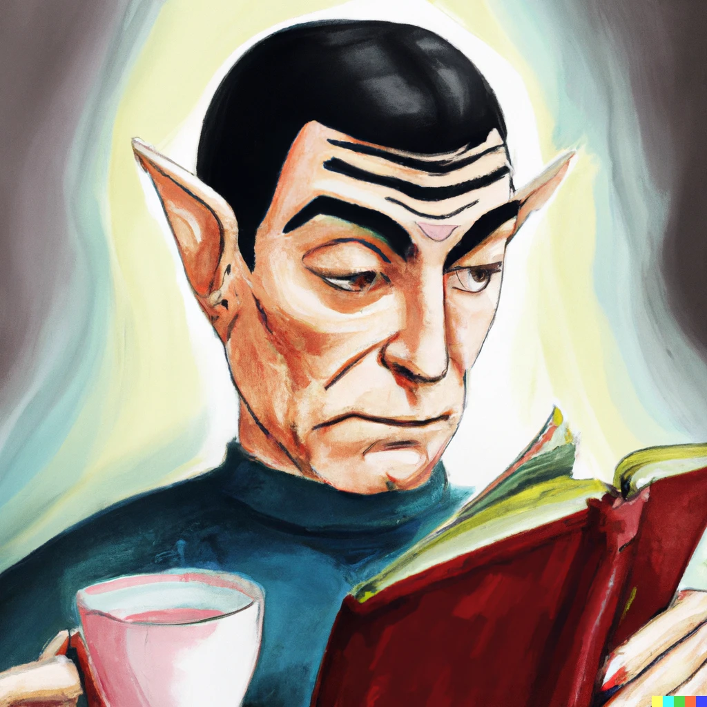 Prompt: Spock intrigued by a book by Veblen