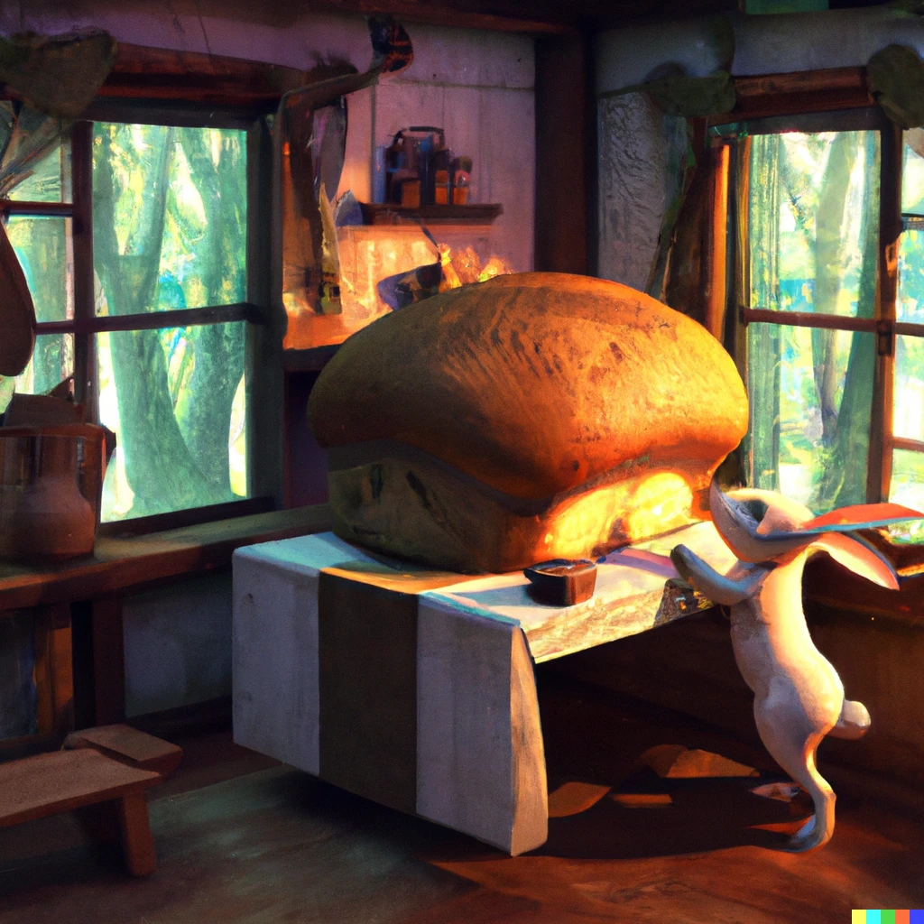 Prompt: a cute bunny taking a giant loaf of bread out of the oven in a small wooden house in the forest with sunlight coming through the windows, digital art