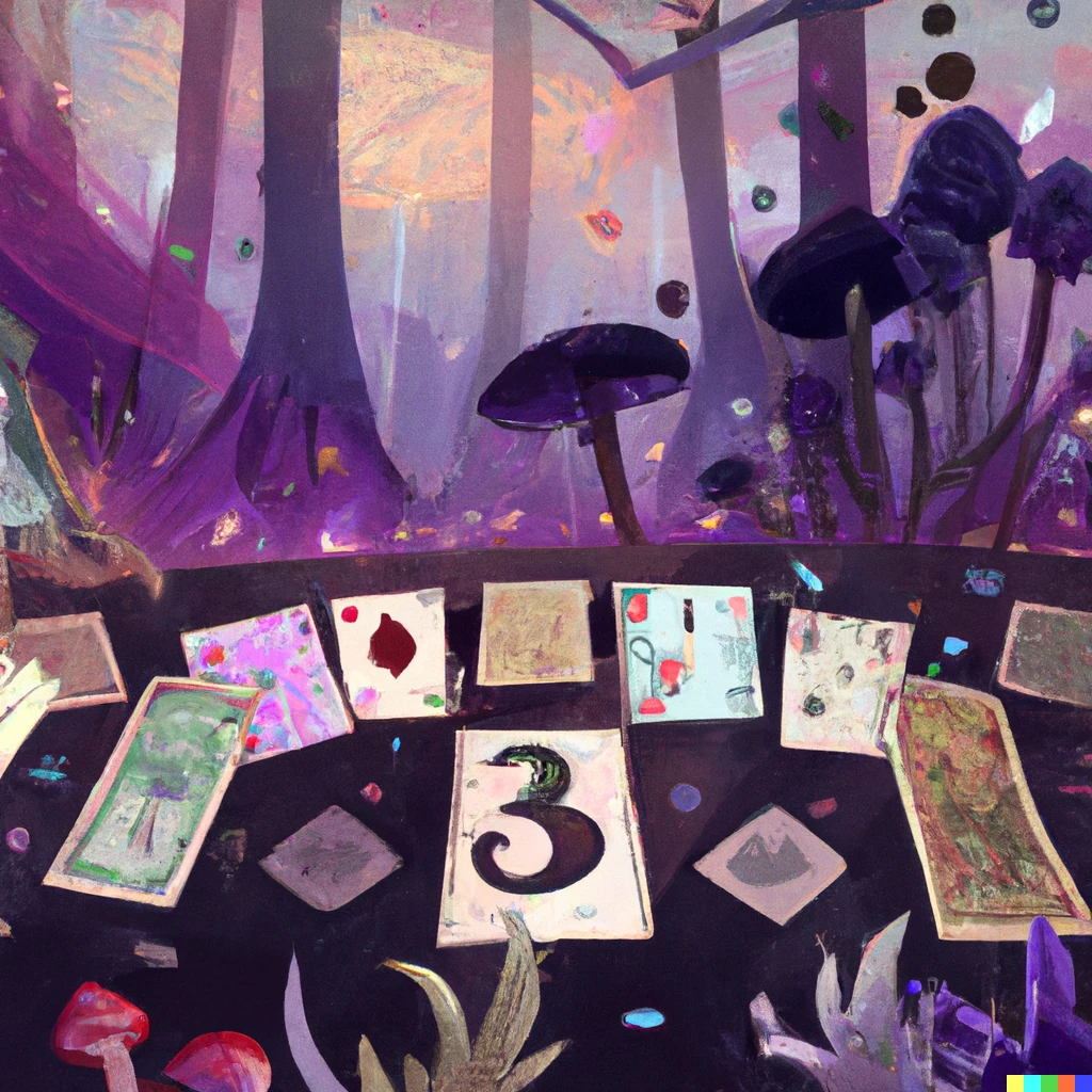 Prompt: a complicated board game involving cards, mushrooms, a forest, a witch, flowers, moonlight, with purple and black hues, digital art