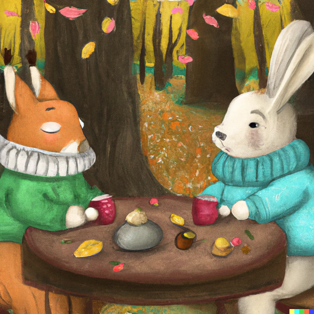 Prompt: a cute bunny and squirrel wearing sweaters having a tea party in the forest around a wooden table in the fall with colorful leaves on the ground