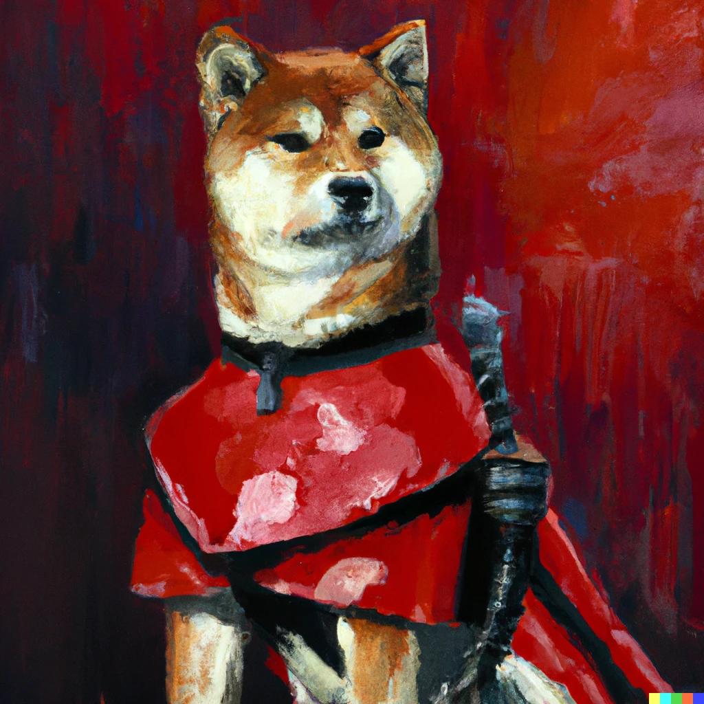Prompt: oil painting of a Shiba Inu in red samurai armor, digital art