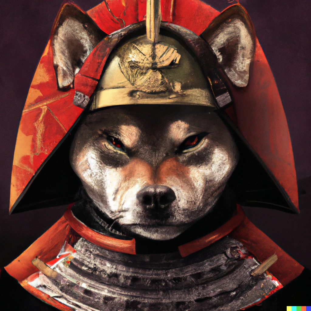 Prompt: Ukiyo-e Shiba Inu in samurai armor and samurai helmet, digital art