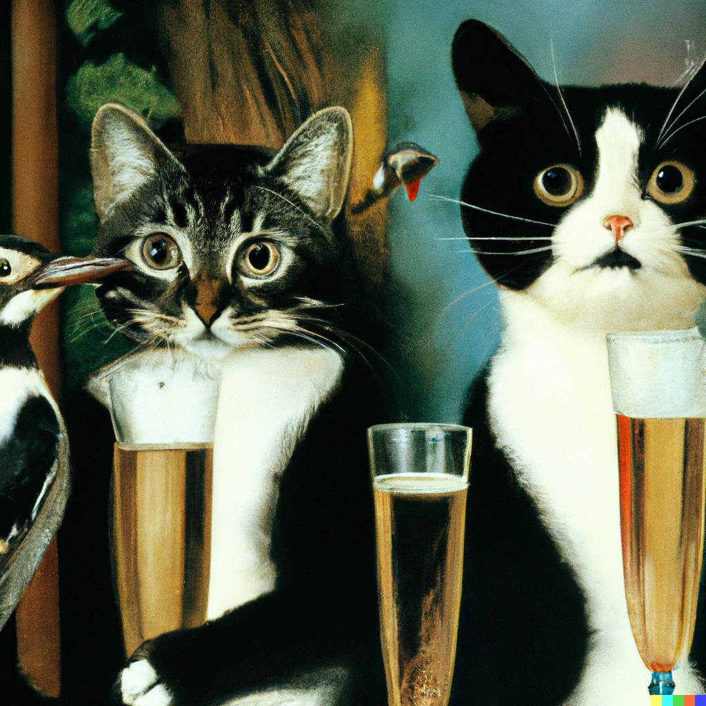 Prompt: 35 mm photograph of two cats wearing tuxedos and holding tiny champagne glasses having a drink with a woodpecker, digital art