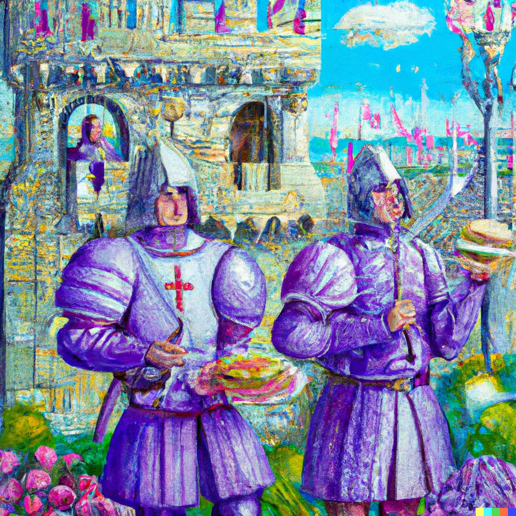 Prompt: bright acrylic painting of strong medieval knights at white castle eating burgers and blueberries in the style of Monet, digital art