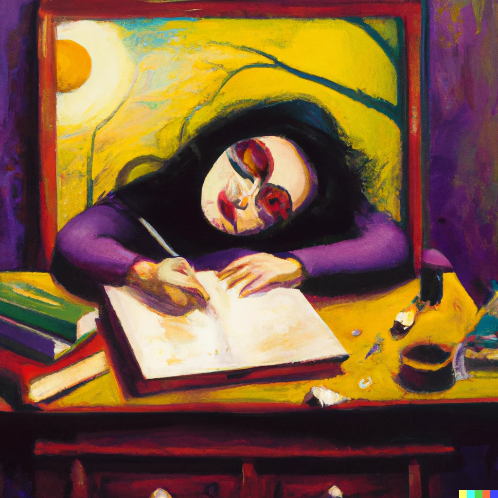 Prompt: A surrealist oil canvas of a writer dreaming about him writing