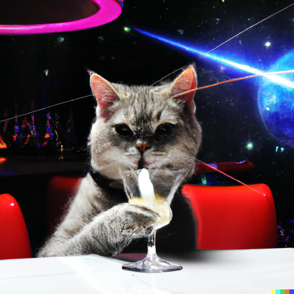 Prompt: a cat drinking martini in a space bar