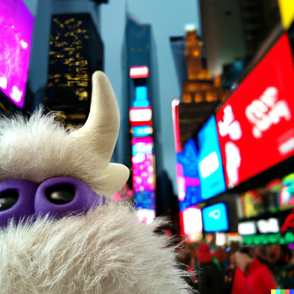 Prompt: white fur monster standing in front of times square