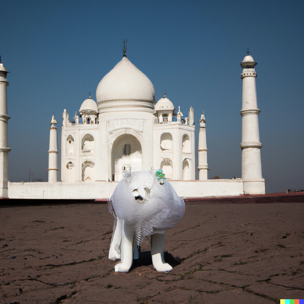 Prompt: white fur monster standing in front of taj mahal