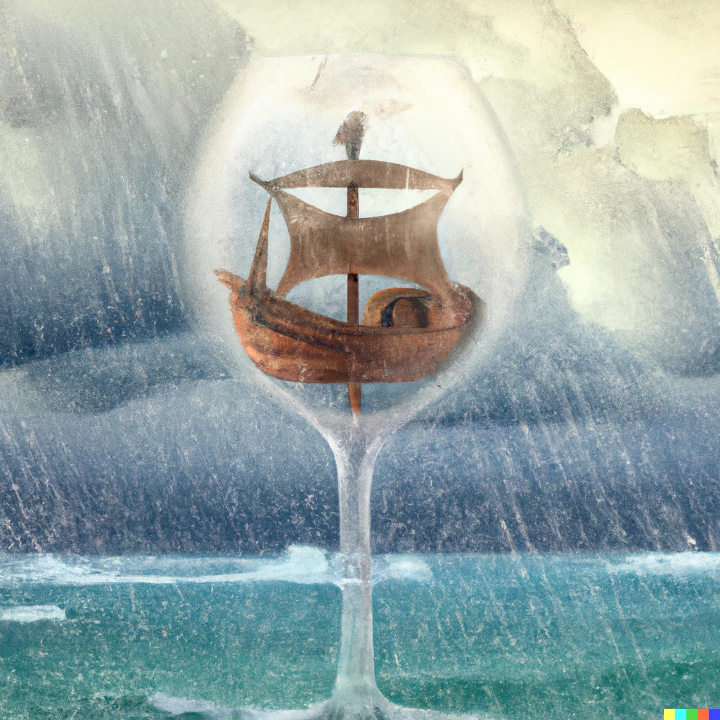 Prompt: Sailing Wooden pirate ship in giant wine glass on rainy day in ocean