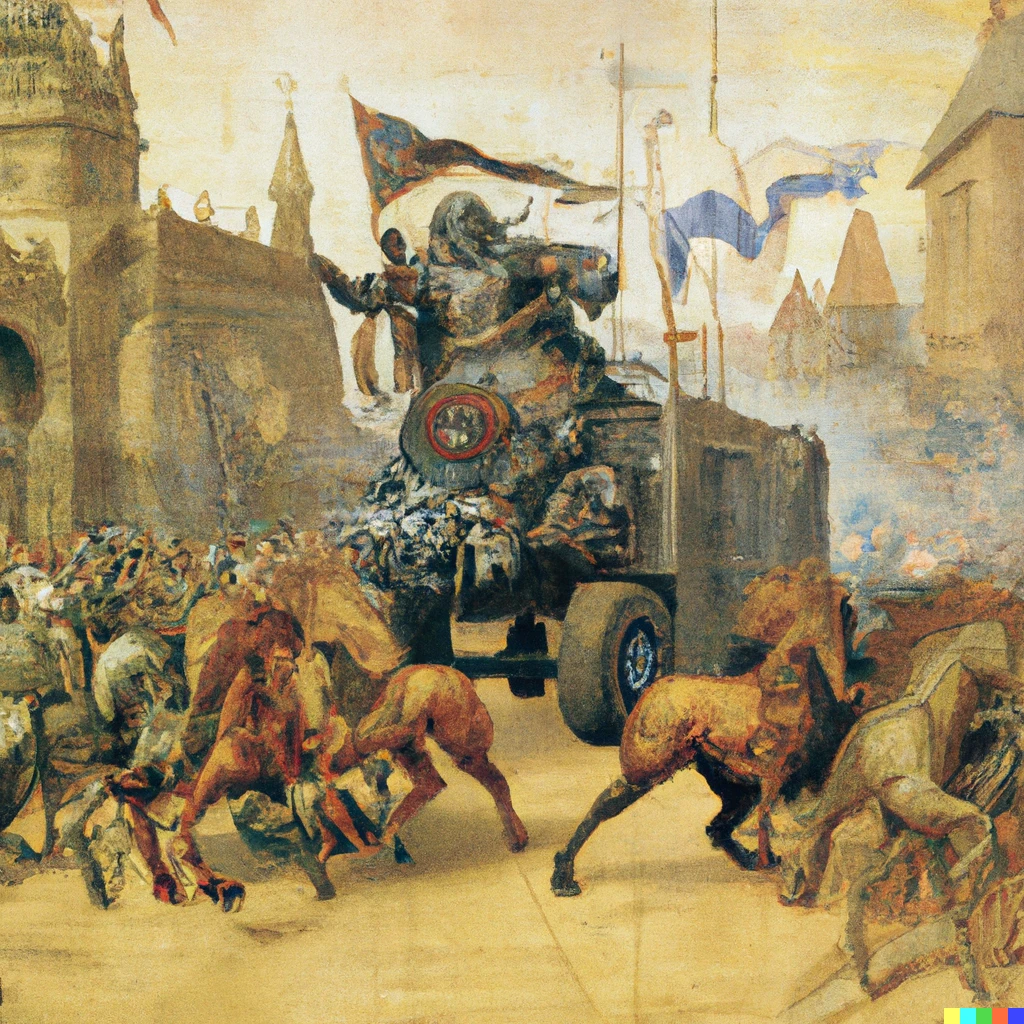 Prompt: Optimus Prime charging at Grunwald 1410 decisive moment, fresco by Jan Matejko 1878