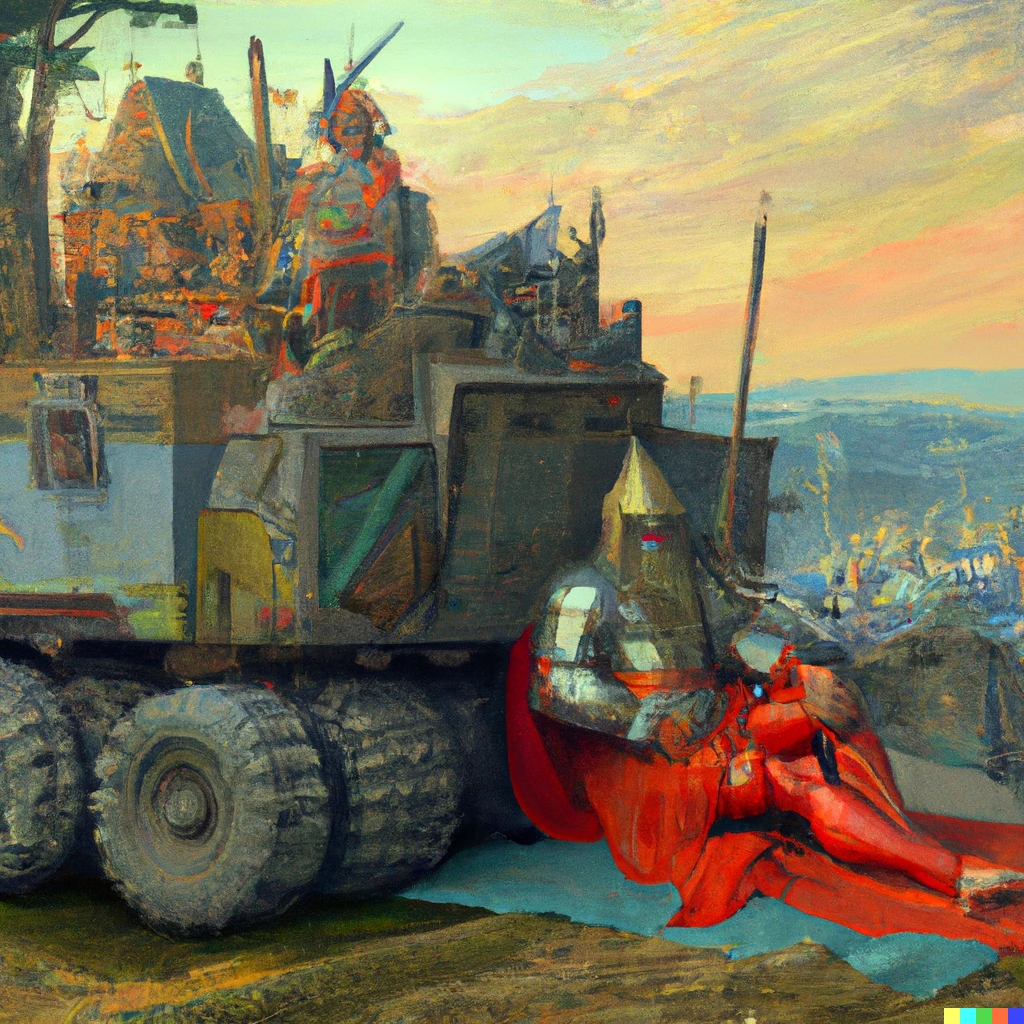 Prompt: Optimus Prime resting after Grunwald 1410, oil painting by Jan Matejko