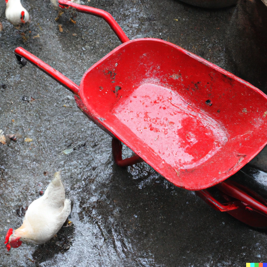 Prompt: a red wheel
barrow

glazed with rain
water

beside the white
chickens