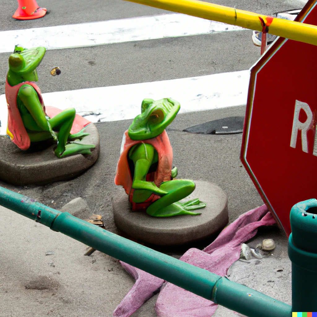 Prompt: Frogs working road construction in New York city. 