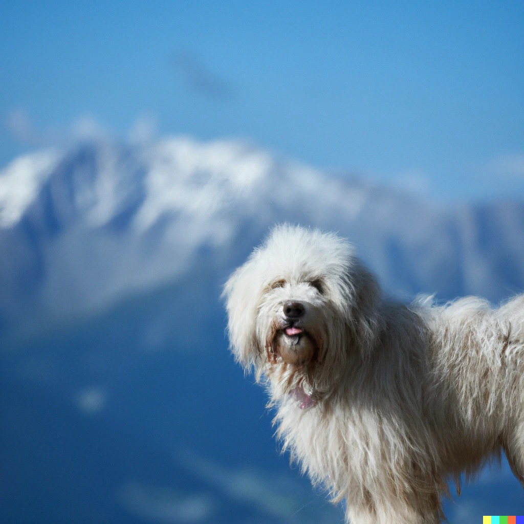 Prompt: A fluffy dog, standing on a mountain, with The Great Alps in the background. Polaroid, Sony FE 85mm f/1.8