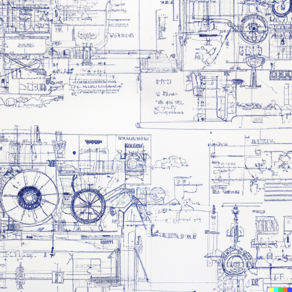 Prompt: Old-school blueprints of a time machine, very detailed, high quality blueprints