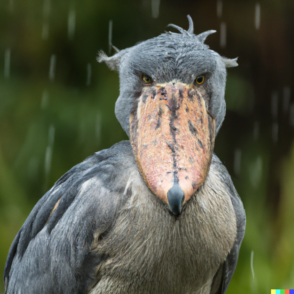 Prompt:  Shoebill Stork eerily staring into the camera in rain