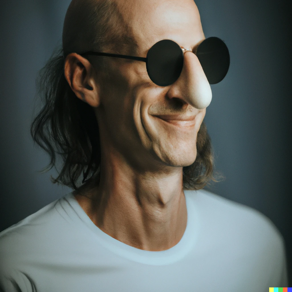 Prompt: A portrait photograph of a proud bald man wearing circular glasses, with a very very very very long nose, extremely long nose, mega-nose, XXL nose, guiness world record longest nose. 85mm f/1.2 studio lighting portrait