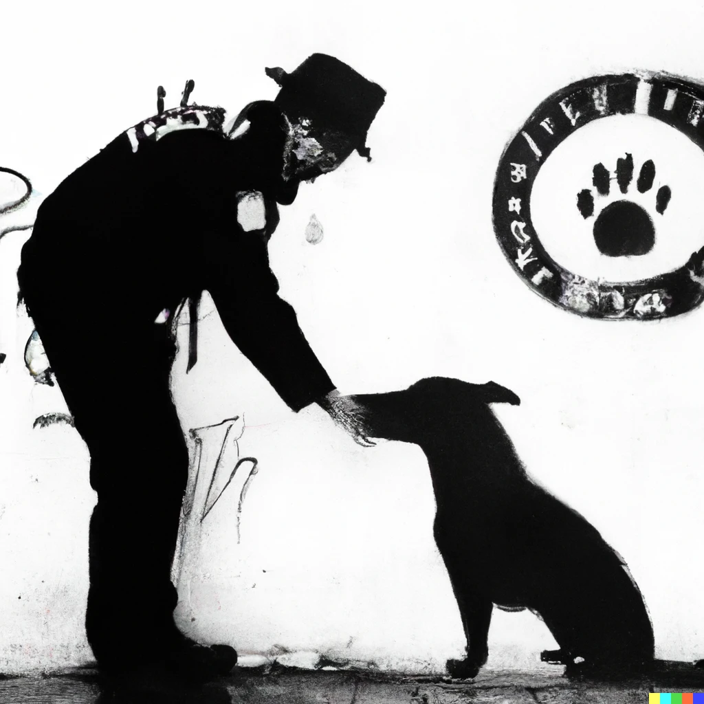 Prompt: A police officer petting a dog, spraypainted on a wall in black using stencils by Banksy, award-winning
