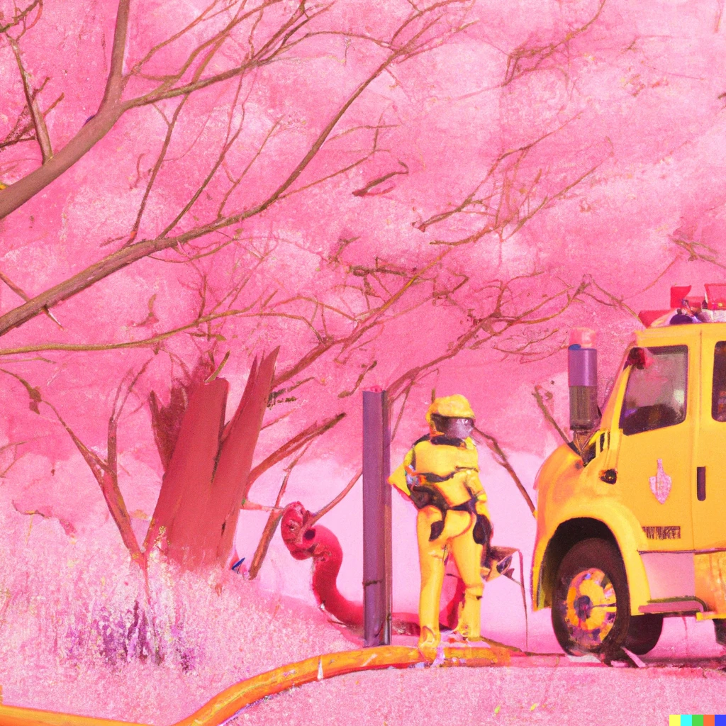 Prompt: A yellow hazmat team inside of a pink wonderland with cherry blossoms and pink grass, award-winning calm digital art