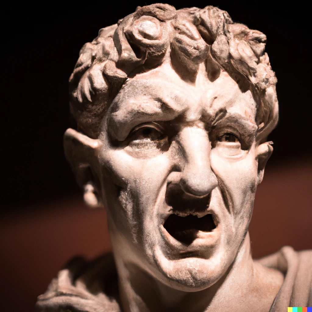 Prompt: Julius Caesar extremely angry, a statue from Ancient Rome in a museum, 8K Photography, 35mm f/1.2