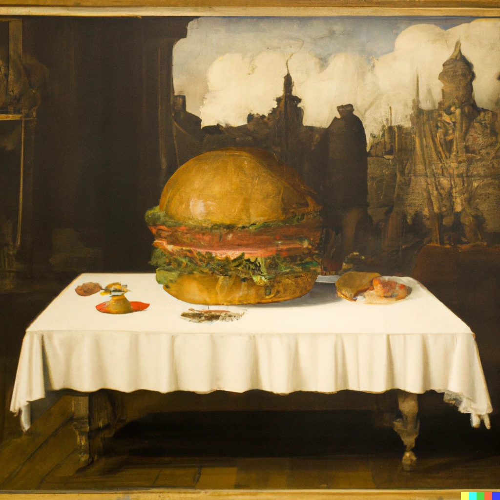 Prompt: 17th century painting of a giant hamburger on a table in London City, award-winning painting