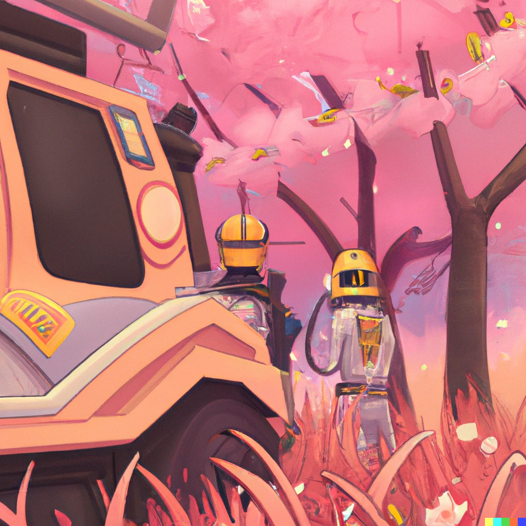 Prompt: A yellow hazmat team inside of a pink wonderland with cherry blossoms and pink grass, award-winning calm digital art