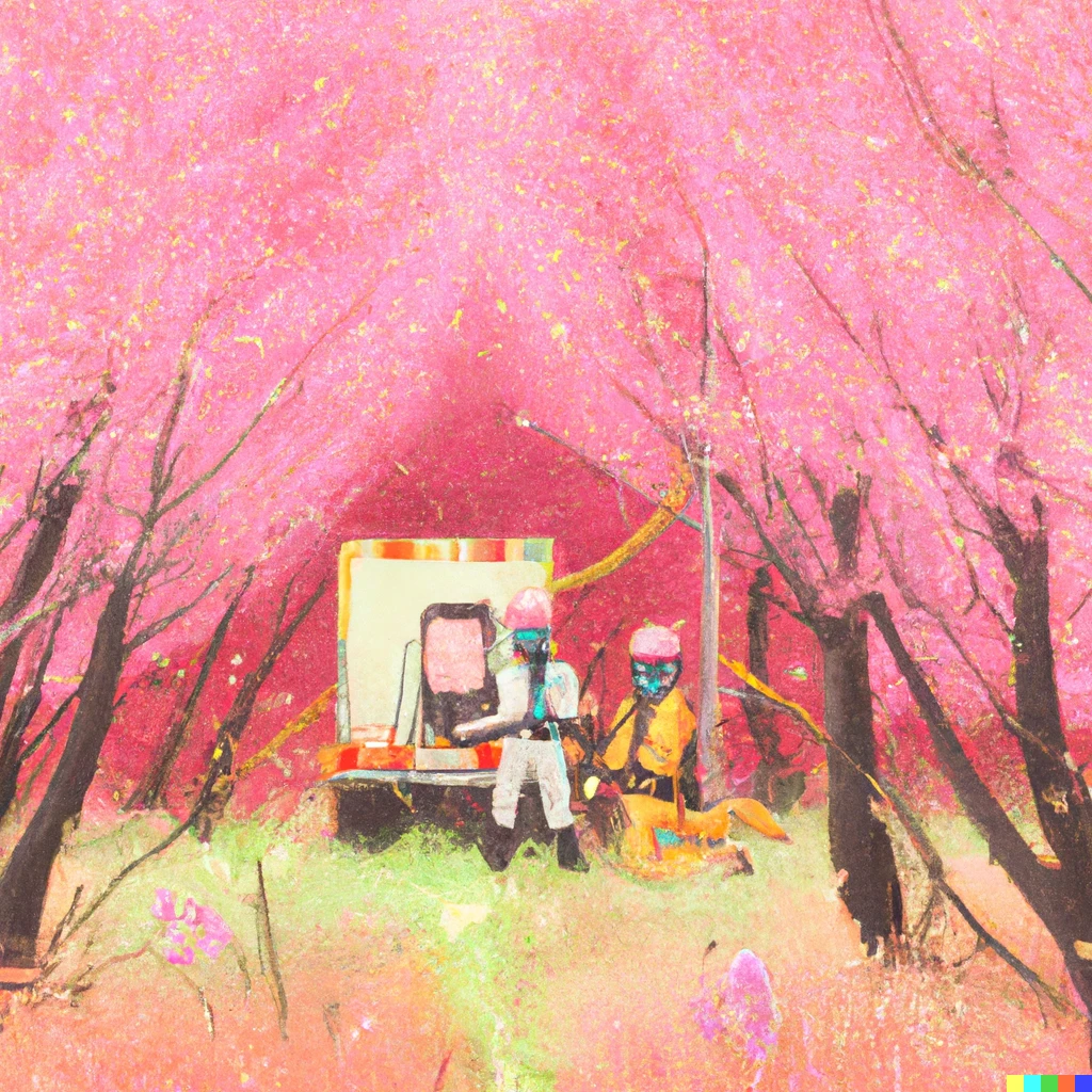 Prompt: A yellow hazmat team inside of a pink wonderland with cherry blossoms and pink grass, award-winning calm digital art