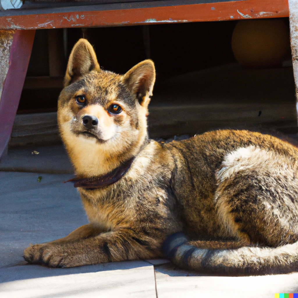 Prompt: A cross between a Shiba Inu and a Tabby Cat, photograph